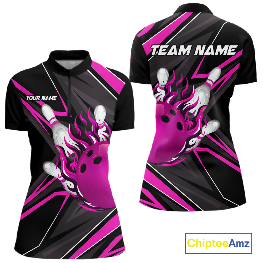 Pink And Black Women's Bowling Shirts Custom Fire Flame Bowling Team Jersey Polo & Quarter Zip TDM7534