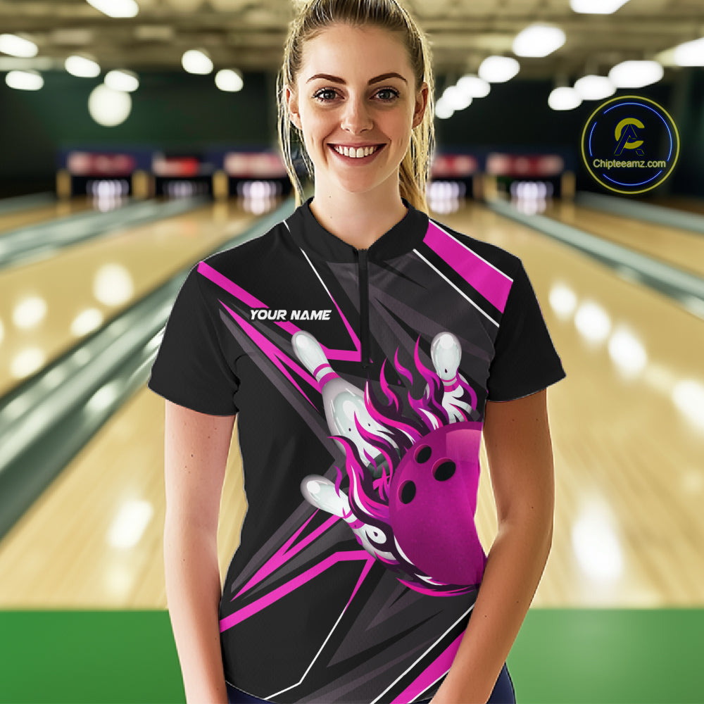 Pink And Black Women's Bowling Shirts Custom Fire Flame Bowling Team Jersey Polo & Quarter Zip TDM7534