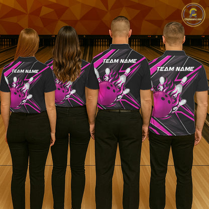Pink And Black Men's Bowling Shirts Custom Fire Flame Bowling Team Jersey Polo & Quarter Zip TDM7534