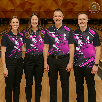 Pink And Black Men's Bowling Shirts Custom Fire Flame Bowling Team Jersey Polo & Quarter Zip TDM7534