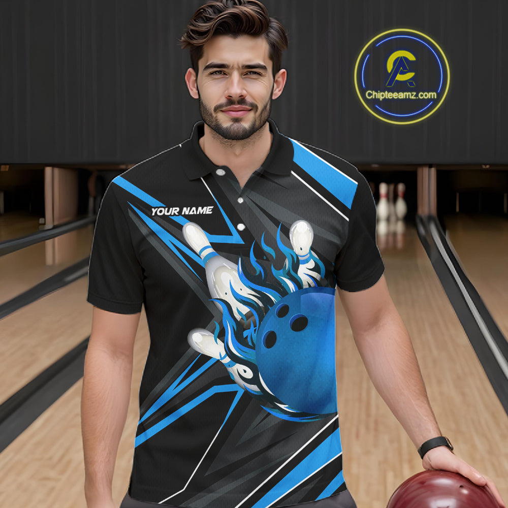 Black And Blue Men's Bowling Shirts Custom Fire Flame Bowling Team Jersey Polo & Quarter Zip TDM7535