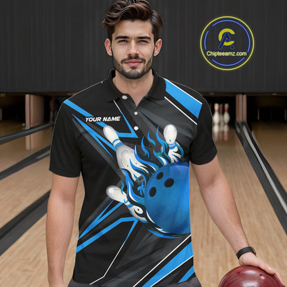 Black And Blue Men's Bowling Shirts Custom Fire Flame Bowling Team Jersey Polo & Quarter Zip TDM7535