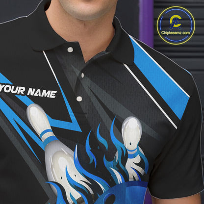 Black And Blue Men's Bowling Shirts Custom Fire Flame Bowling Team Jersey Polo & Quarter Zip TDM7535