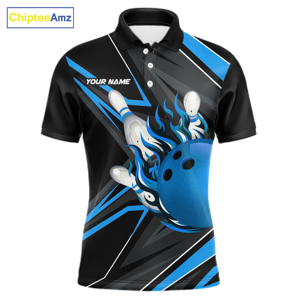 Black And Blue Men's Bowling Shirts Custom Fire Flame Bowling Team Jersey Polo & Quarter Zip TDM7535