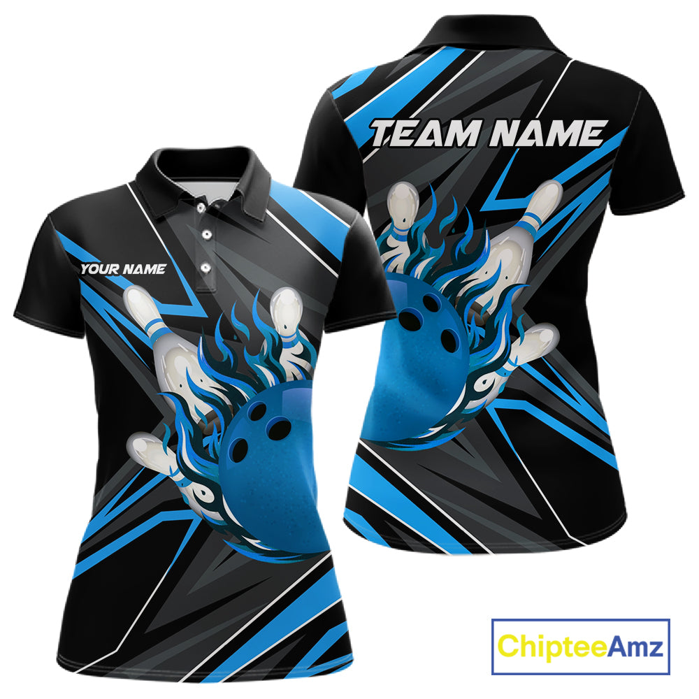 Black And Blue Women's Bowling Shirts Custom Fire Flame Bowling Team Jersey Polo & Quarter Zip TDM7535