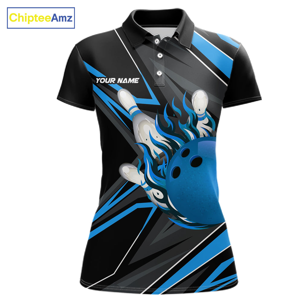 Black And Blue Women's Bowling Shirts Custom Fire Flame Bowling Team Jersey Polo & Quarter Zip TDM7535