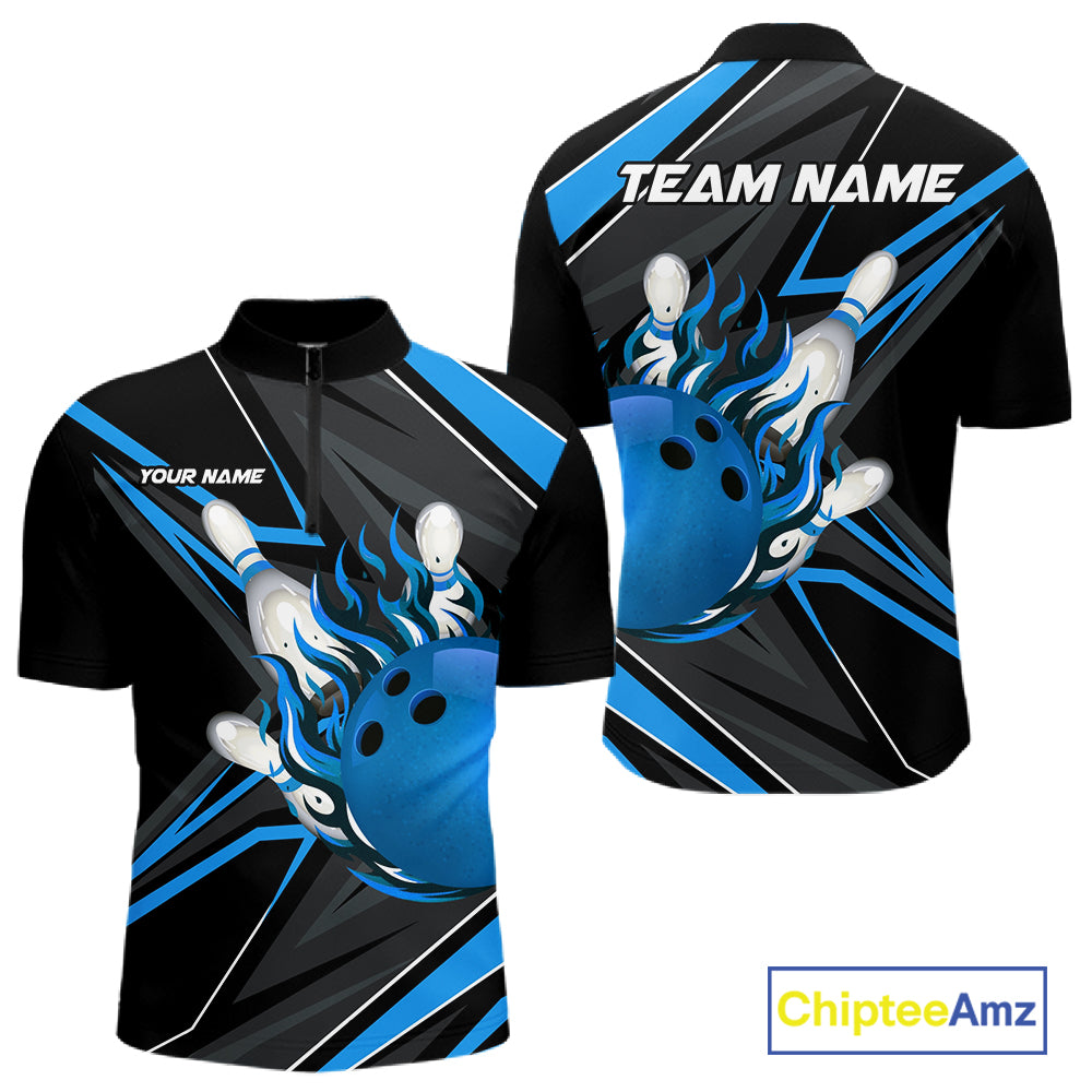 Black And Blue Men's Bowling Shirts Custom Fire Flame Bowling Team Jersey Polo & Quarter Zip TDM7535