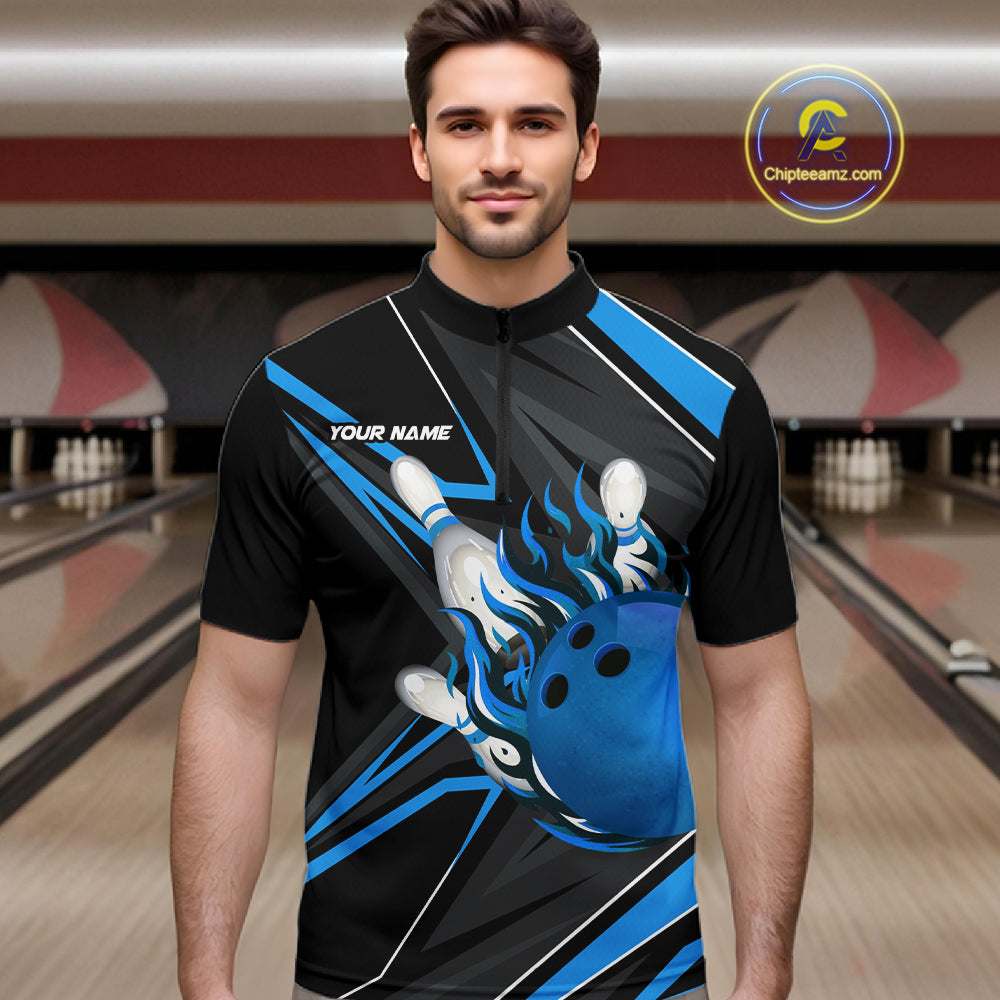 Black And Blue Men's Bowling Shirts Custom Fire Flame Bowling Team Jersey Polo & Quarter Zip TDM7535