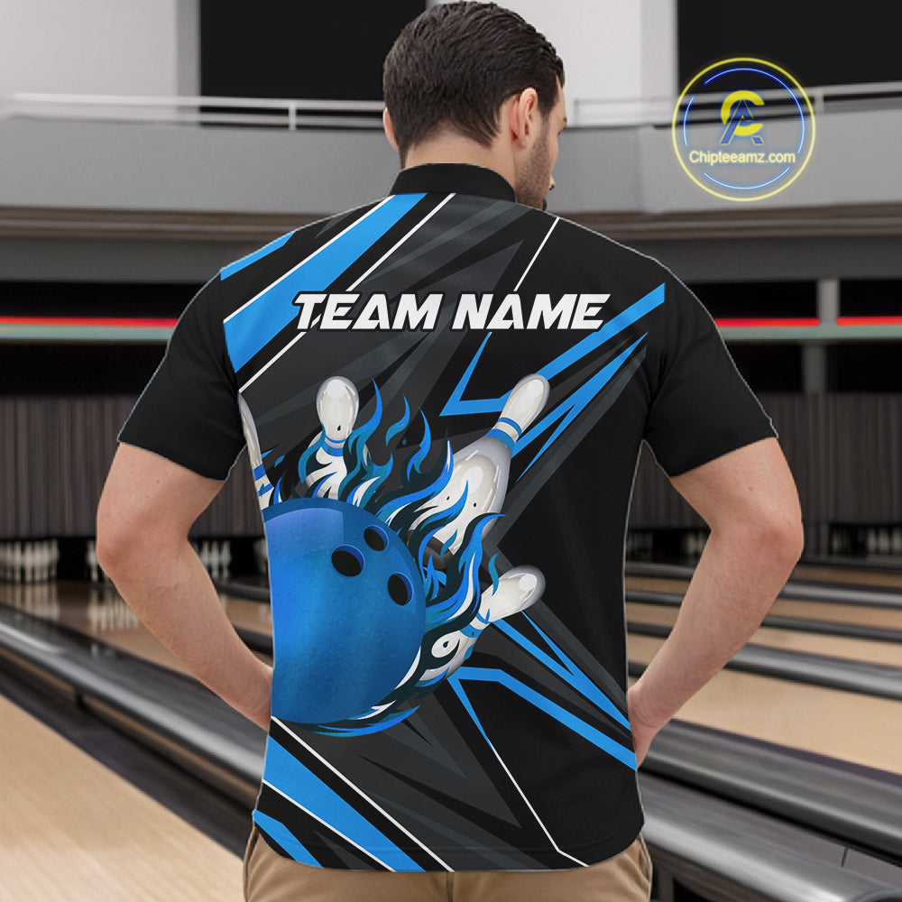 Black And Blue Men's Bowling Shirts Custom Fire Flame Bowling Team Jersey Polo & Quarter Zip TDM7535