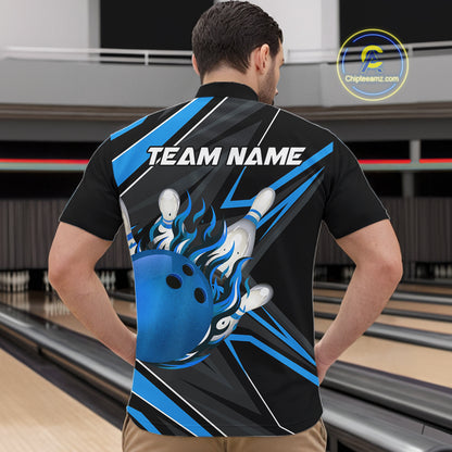Black And Blue Men's Bowling Shirts Custom Fire Flame Bowling Team Jersey Polo & Quarter Zip TDM7535