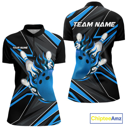 Black And Blue Women's Bowling Shirts Custom Fire Flame Bowling Team Jersey Polo & Quarter Zip TDM7535