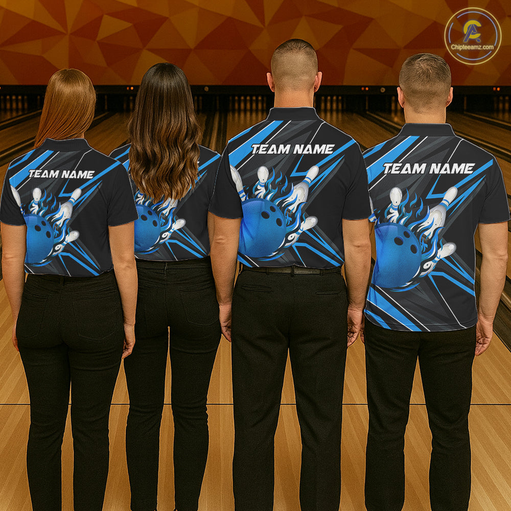 Black And Blue Men's Bowling Shirts Custom Fire Flame Bowling Team Jersey Polo & Quarter Zip TDM7535