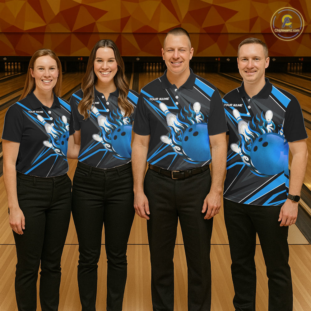 Black And Blue Men's Bowling Shirts Custom Fire Flame Bowling Team Jersey Polo & Quarter Zip TDM7535