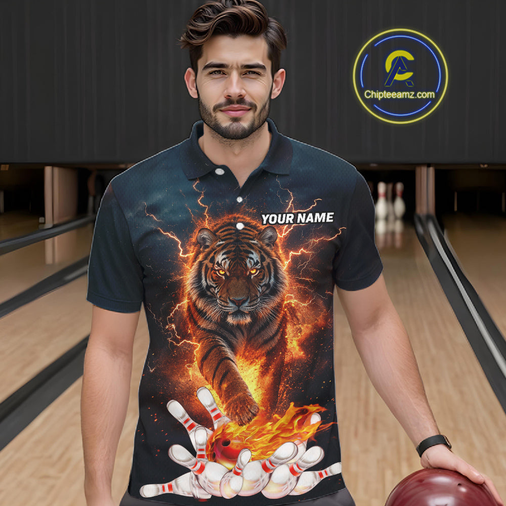 Thunder Lightning Flame Custom Tiger Bowling Shirts For Men Bowling Team Jersey Polo & Quarter Zip TDM7538