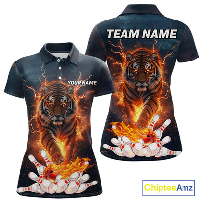 Thunder Lightning Flame Custom Tiger Bowling Shirts For Women Bowling Team Jersey Polo & Quarter Zip TDM7538