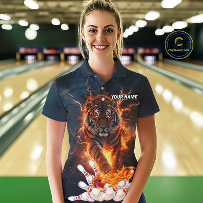 Thunder Lightning Flame Custom Tiger Bowling Shirts For Women Bowling Team Jersey Polo & Quarter Zip TDM7538