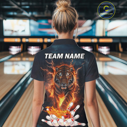 Thunder Lightning Flame Custom Tiger Bowling Shirts For Women Bowling Team Jersey Polo & Quarter Zip TDM7538