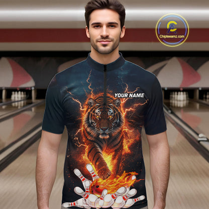 Thunder Lightning Flame Custom Tiger Bowling Shirts For Men Bowling Team Jersey Polo & Quarter Zip TDM7538