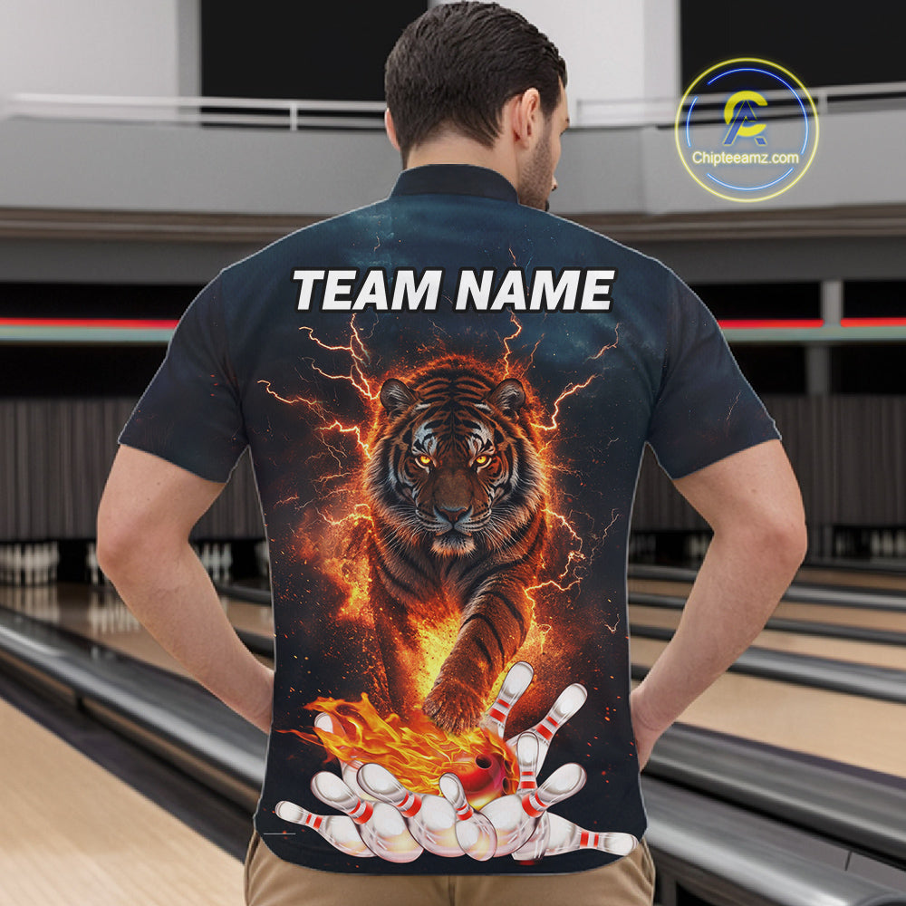 Thunder Lightning Flame Custom Tiger Bowling Shirts For Men Bowling Team Jersey Polo & Quarter Zip TDM7538