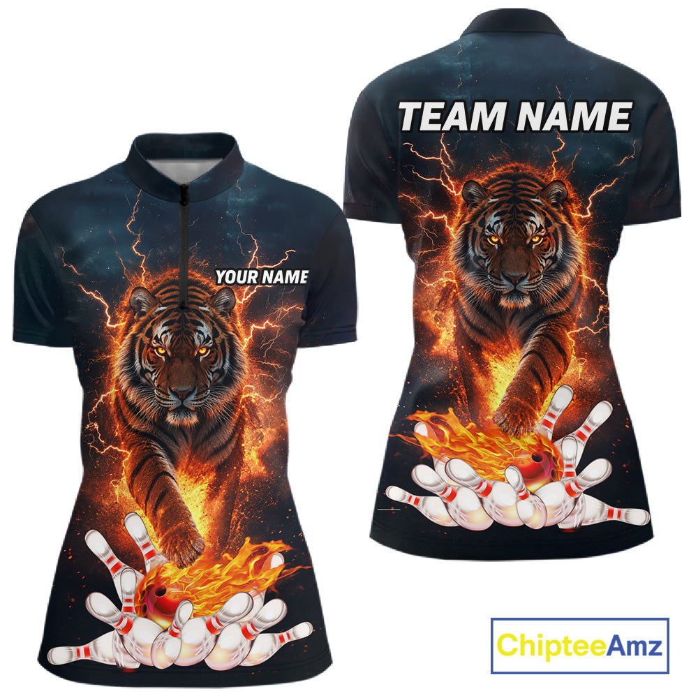 Thunder Lightning Flame Custom Tiger Bowling Shirts For Women Bowling Team Jersey Polo & Quarter Zip TDM7538