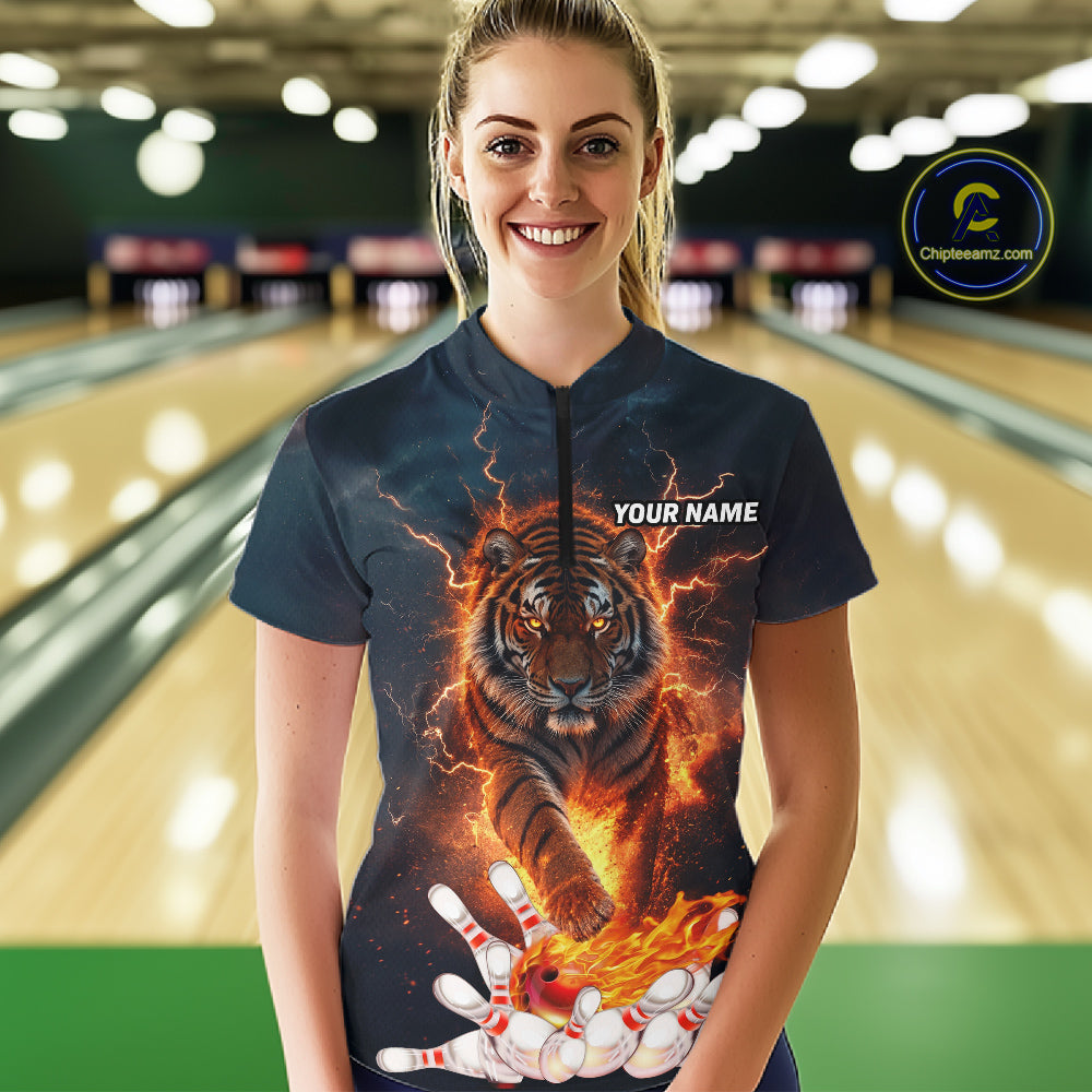 Thunder Lightning Flame Custom Tiger Bowling Shirts For Women Bowling Team Jersey Polo & Quarter Zip TDM7538