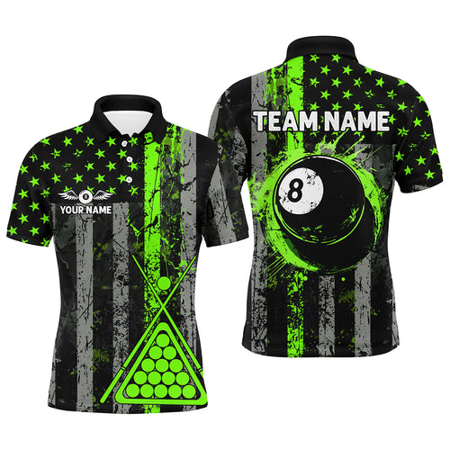 Custom Green Grunge US Flag Patriotic Men Billiard Shirts, Retro 8 Ball Pool Billiard Team Jersey TDM2751