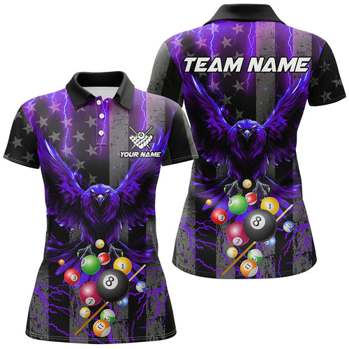 Purple American Flag Thunder Lightning Eagle Billiard Shirt For Women, 3D Pool Balls Billiard Jerseys TDM3239