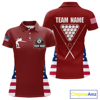 Personalized US Flag 8 Ball Pool Billiard Shirt For Women, Billiard Team Jersey Polo & 1/4 Zip |Red TDM5477