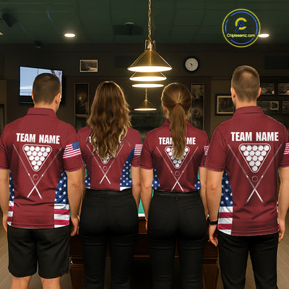 Personalized US Flag 8 Ball Pool Billiard Shirt For Men, Billiard Team Jersey Polo & 1/4 Zip |Red TDM5477