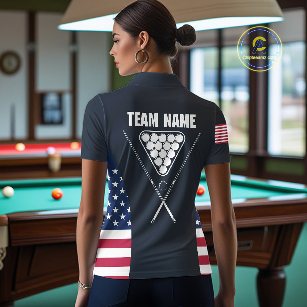 Custom US Flag 8 Ball Pool Billiard Shirt For Women, Billiard Team Jersey Polo & 1/4 Zip |Navy Blue TDM5478