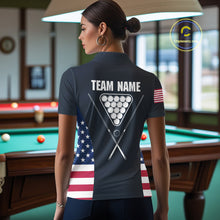 Load image into Gallery viewer, Custom US Flag 8 Ball Pool Billiard Shirt For Women, Billiard Team Jersey Polo &amp; 1/4 Zip |Navy Blue TDM5478