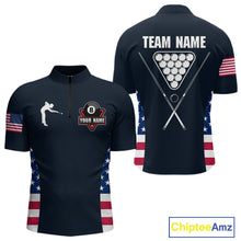 Load image into Gallery viewer, Custom US Flag 8 Ball Pool Billiard Shirt For Men, Billiard Team Jersey Polo &amp; 1/4 Zip |Navy Blue TDM5478