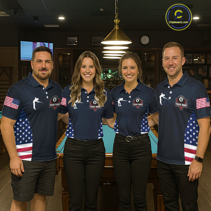 Custom US Flag 8 Ball Pool Billiard Shirt For Men, Billiard Team Jersey Polo & 1/4 Zip |Navy Blue TDM5478