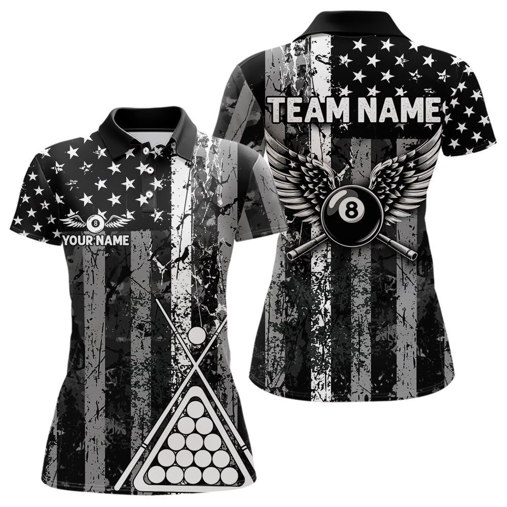 Black White 8 Ball Wings Grunge US Flag Patriotic Billiard Shirts For Women Custom Billiard Jerseys TDM3572