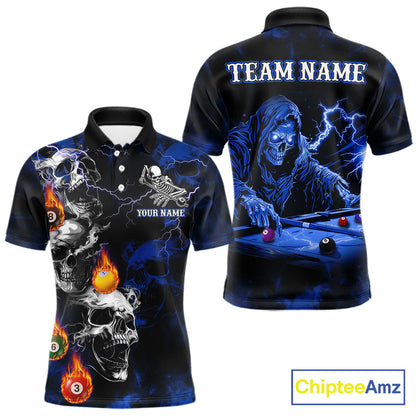 Personalized Smoke Skull Blue Billiard Shirts For Men, Grim Reaper Pool Jersey Team Polo & 1/4 Zip TDM5934