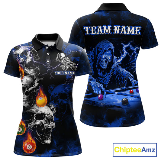 Personalized Smoke Skull Blue Billiard Shirts For Women, Grim Reaper Pool Jersey Team Polo & 1/4 Zip TDM5934