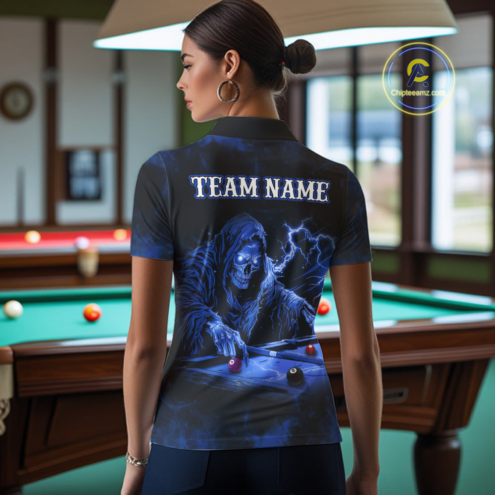 Personalized Smoke Skull Blue Billiard Shirts For Women, Grim Reaper Pool Jersey Team Polo & 1/4 Zip TDM5934