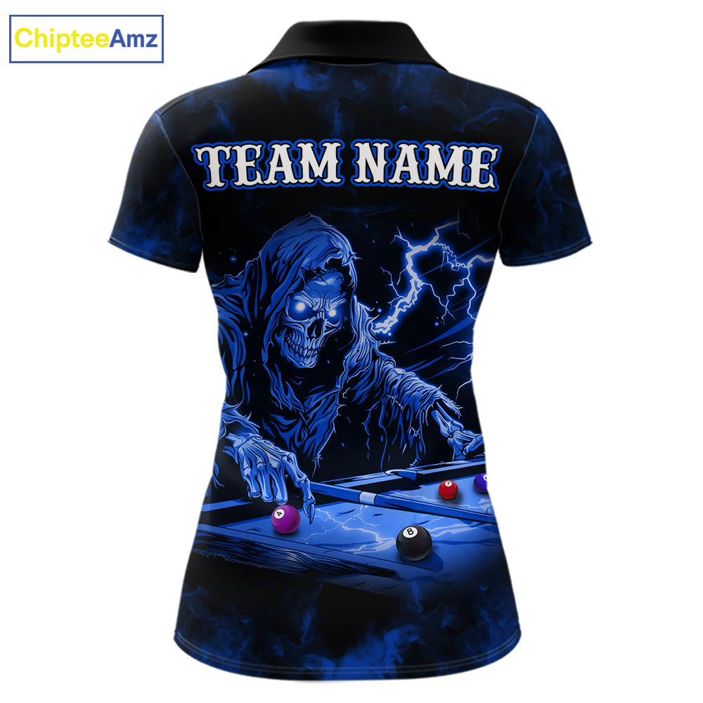 Personalized Smoke Skull Blue Billiard Shirts For Women, Grim Reaper Pool Jersey Team Polo & 1/4 Zip TDM5934