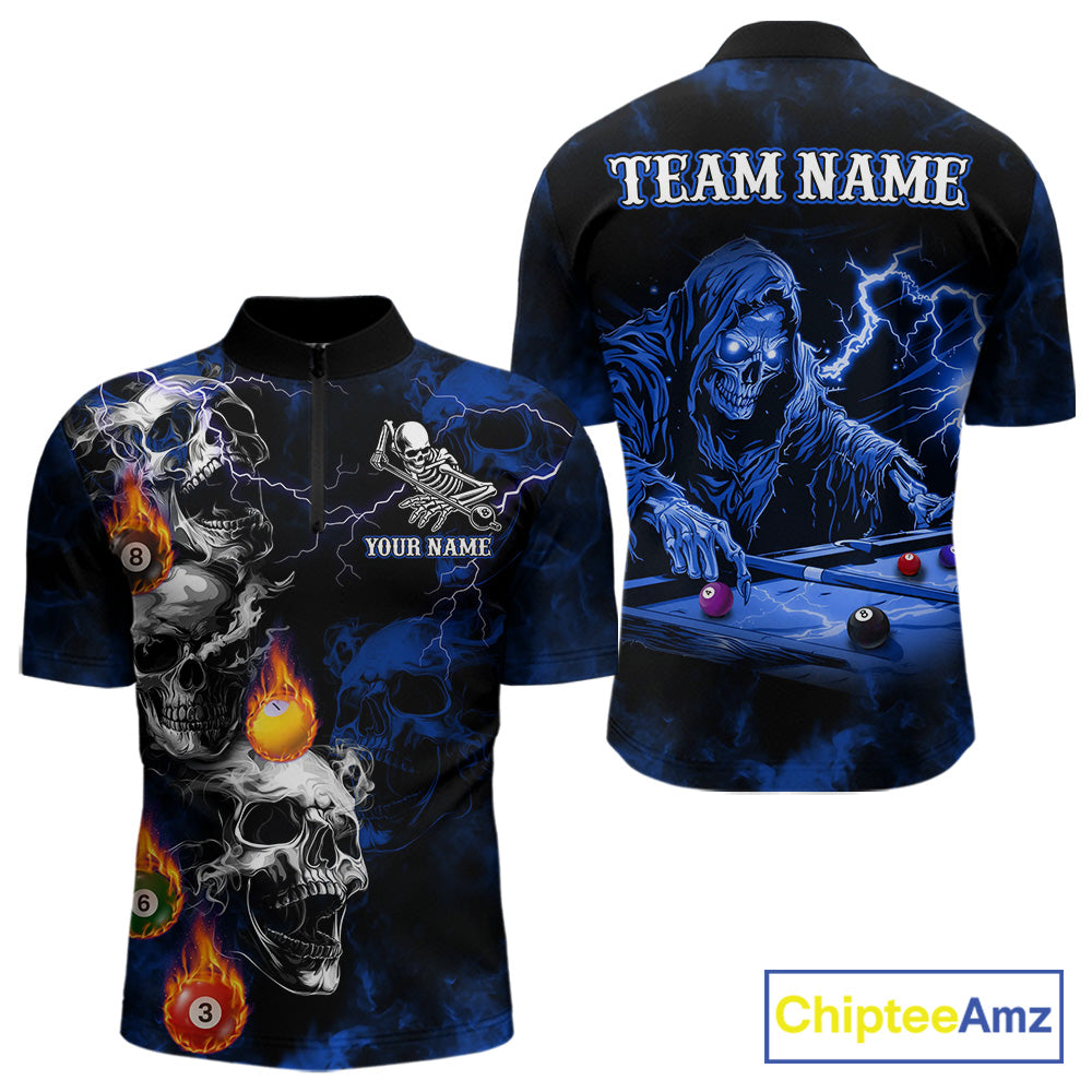 Personalized Smoke Skull Blue Billiard Shirts For Men, Grim Reaper Pool Jersey Team Polo & 1/4 Zip TDM5934
