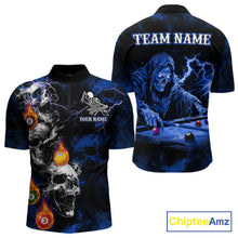 Load image into Gallery viewer, Personalized Smoke Skull Blue Billiard Shirts For Men, Grim Reaper Pool Jersey Team Polo &amp; 1/4 Zip TDM5934