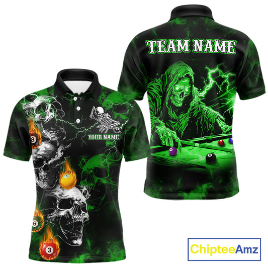 Personalized Smoke Skull Green Billiard Shirts For Men, Grim Reaper Pool Jersey Team Polo, 1/4 Zip TDM5935