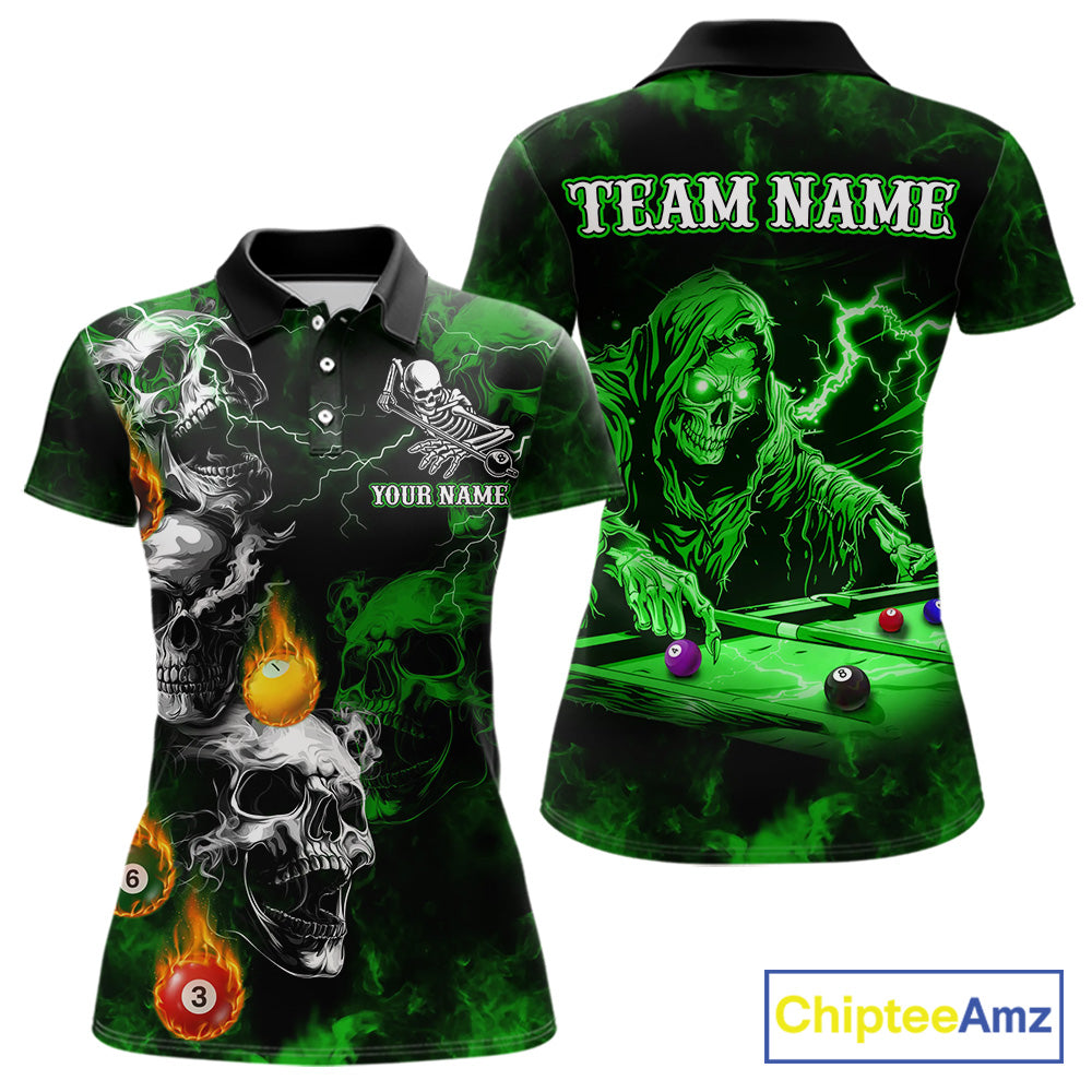 Personalized Smoke Skull Green Billiard Shirts For Women, Grim Reaper Pool Jersey Team Polo, 1/4 Zip TDM5935