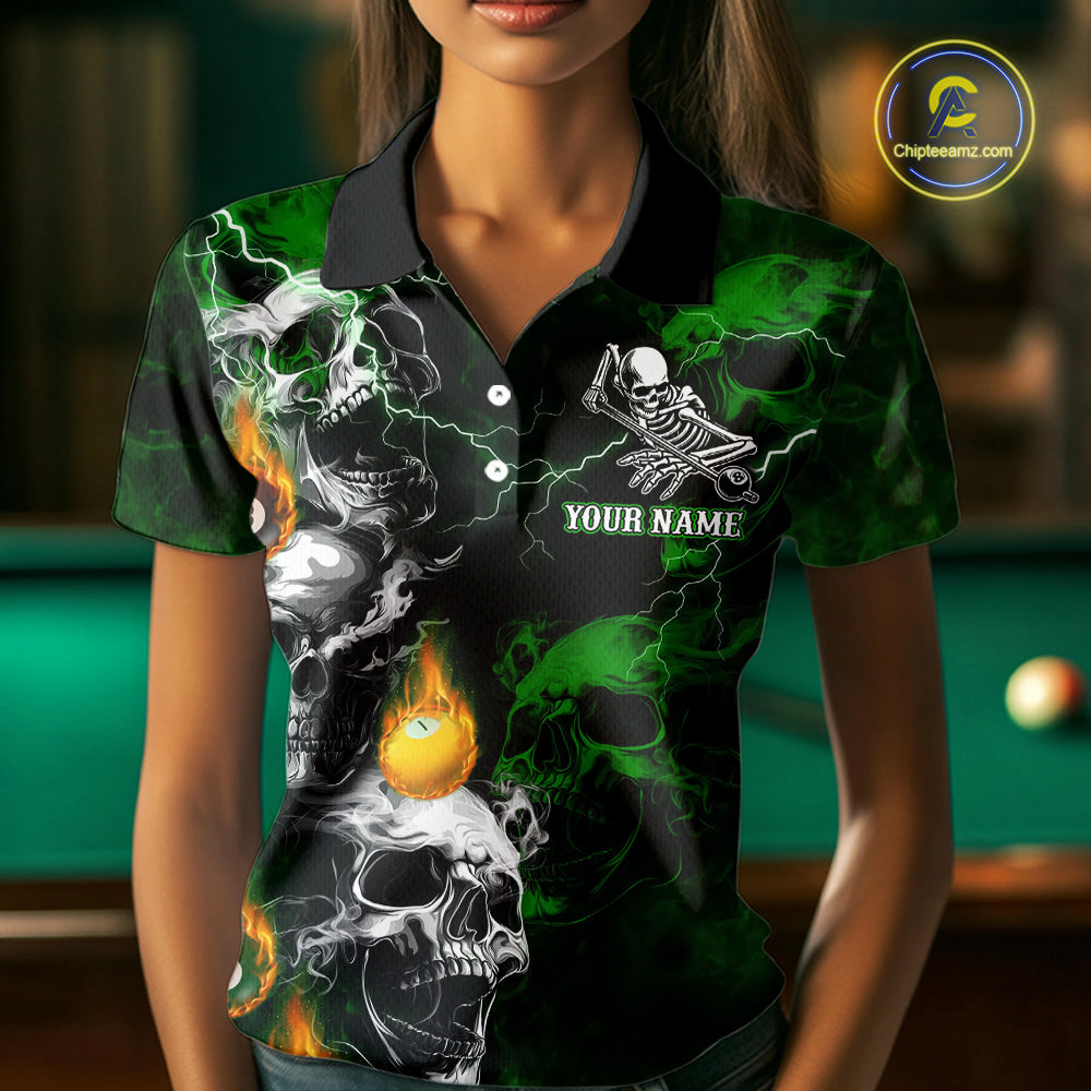 Personalized Smoke Skull Green Billiard Shirts For Women, Grim Reaper Pool Jersey Team Polo, 1/4 Zip TDM5935