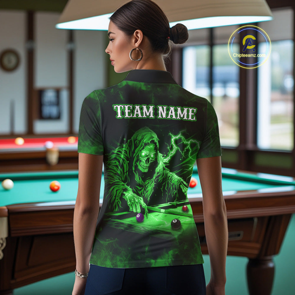 Personalized Smoke Skull Green Billiard Shirts For Women, Grim Reaper Pool Jersey Team Polo, 1/4 Zip TDM5935