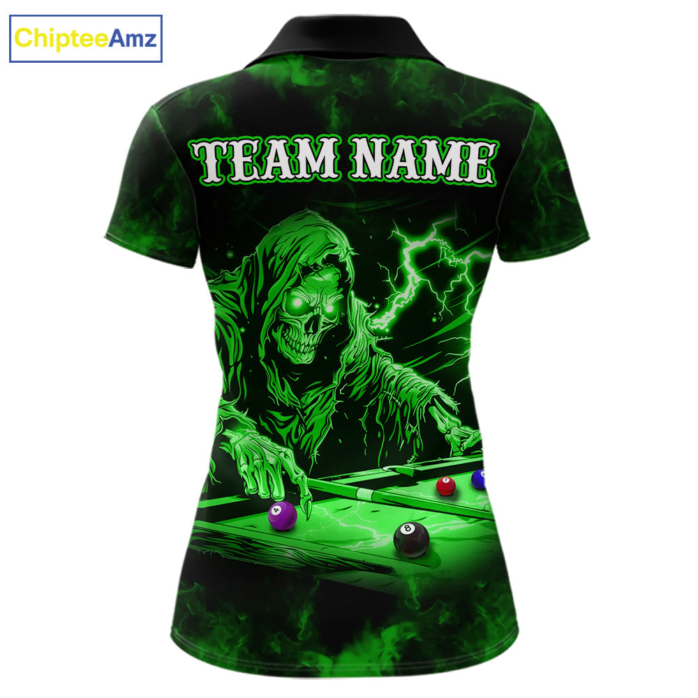 Personalized Smoke Skull Green Billiard Shirts For Women, Grim Reaper Pool Jersey Team Polo, 1/4 Zip TDM5935
