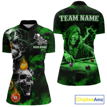 Personalized Smoke Skull Green Billiard Shirts For Women, Grim Reaper Pool Jersey Team Polo, 1/4 Zip TDM5935