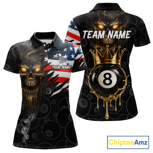 Billiard Skull 8 Ball Crown US Flag Polo & 1/4 Zip Pool Team Shirt For Women Custom Billiard Jersey TDM6353
