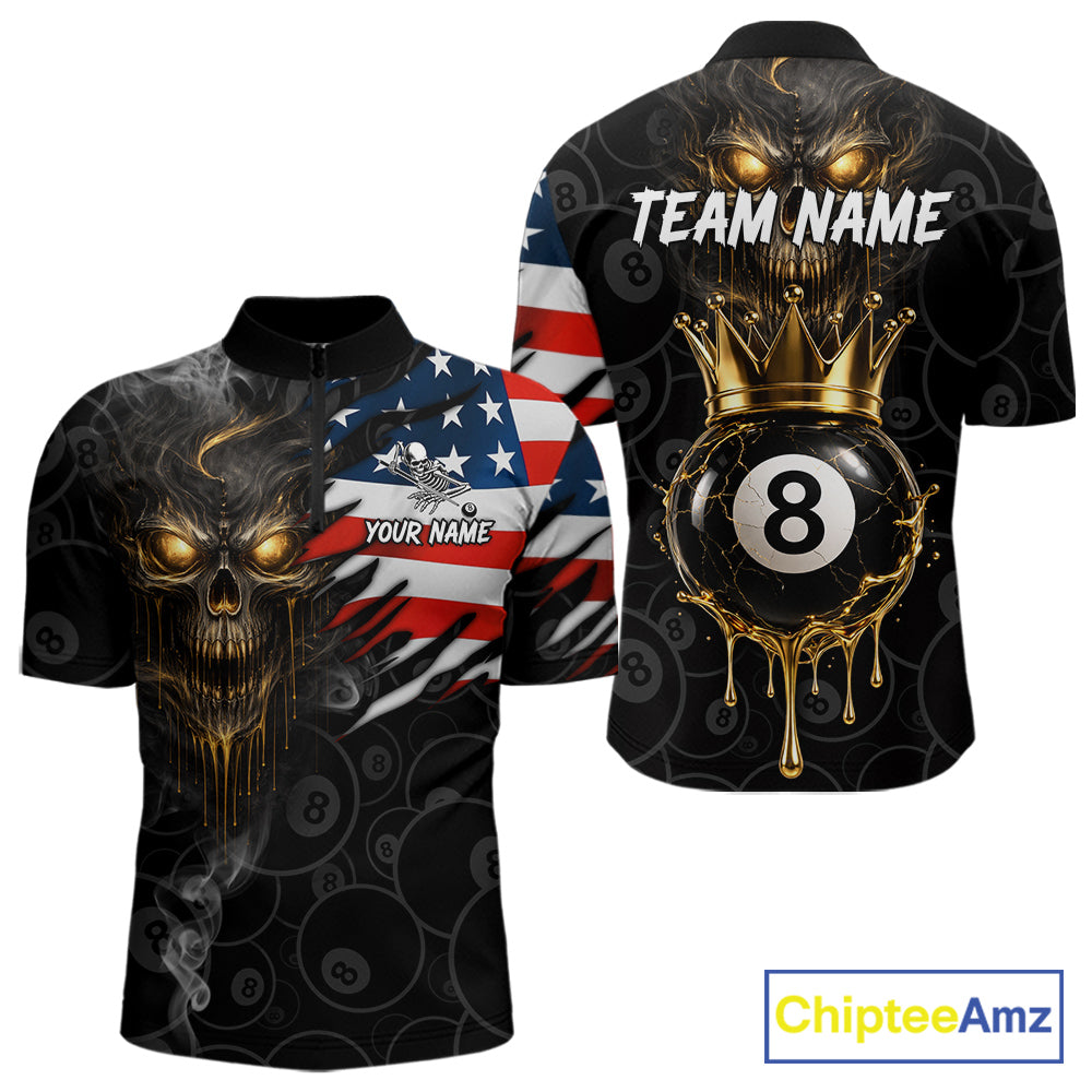 Billiard Skull 8 Ball Crown US Flag Polo & 1/4 Zip Pool Team Shirt For Men Custom Billiard Jersey TDM6353
