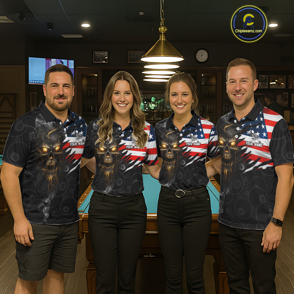 Billiard Skull 8 Ball Crown US Flag Polo & 1/4 Zip Pool Team Shirt For Men Custom Billiard Jersey TDM6353