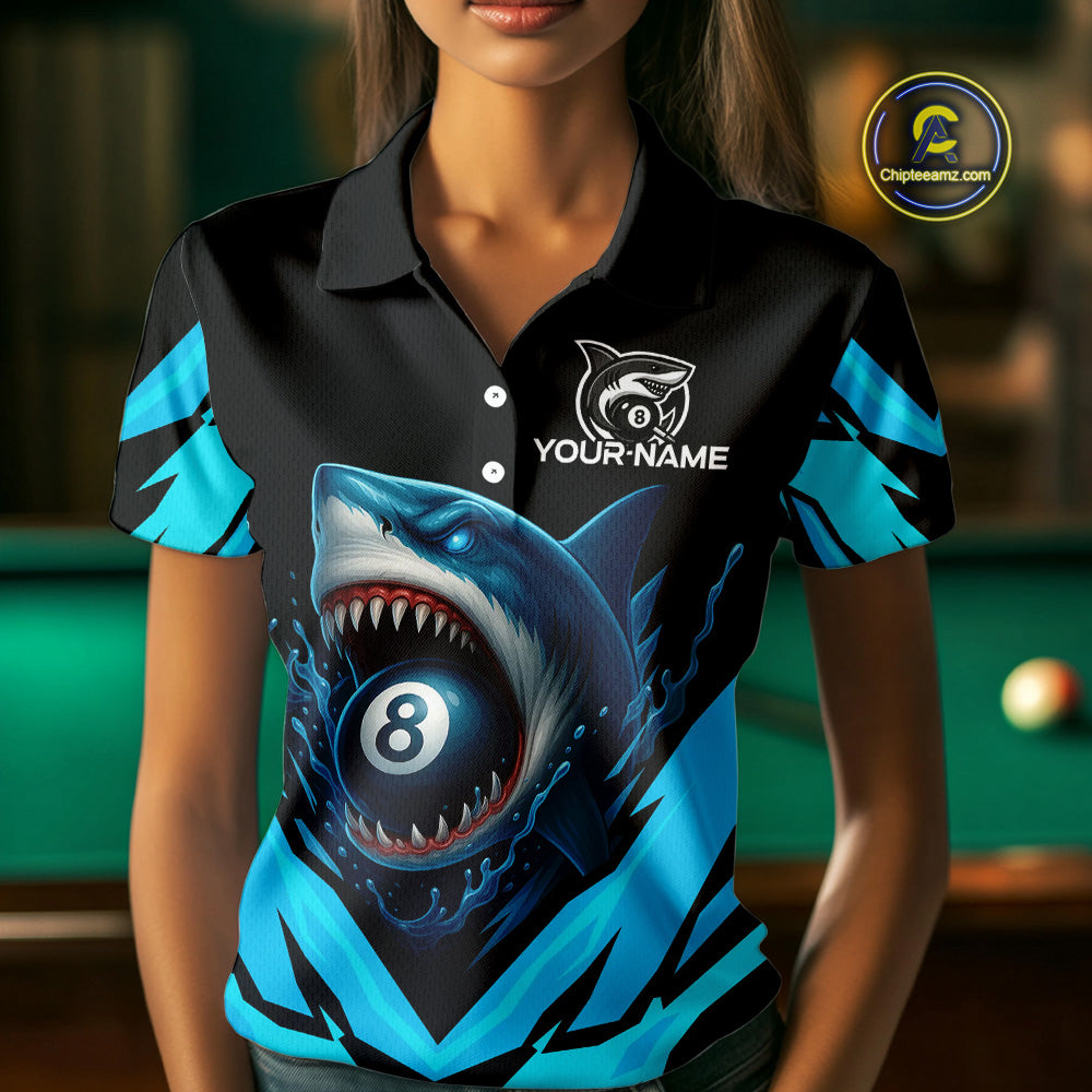 Personalized Blue 8 Ball Pool Billiard Shark Polo & 1/4 Zip For Women, Billiard Team Pool Jerseys TDM4013